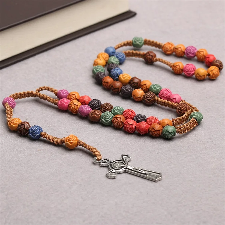 Rose Rosary Beads Islamic Muslim Jesus Christian Women Jewelry Decorations Gift Cross Pendant Plastic Prayer Beads Necklace
