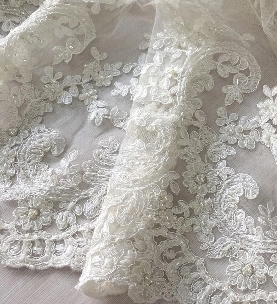 high quality bridal cord lace fabric hand beaded sequin embroidery lace fabric , fancy wedding dress fabric