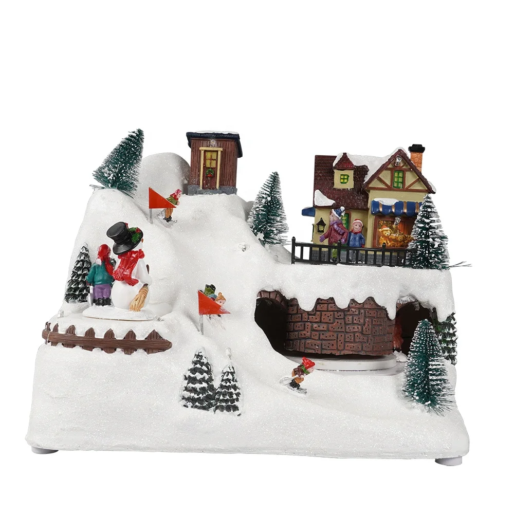 Wholesale noel 8 songs Led lighted Xmas mountain scene musical animated Christmas village with rotating train and Santa