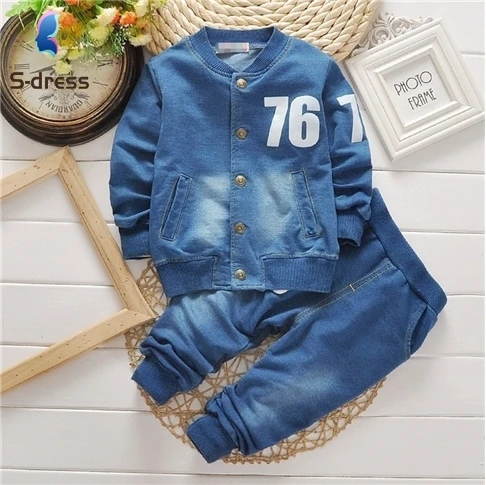 
wholesale children clothes blue coat and jeans 2 piece set kids boys clothing 