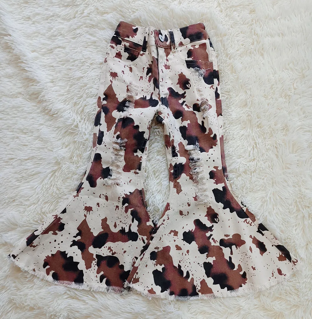 Wholesale New Baby Girls Distressed Cow Print Flared Jeans Kids Cowhide Printed Bell Bottoms Pants