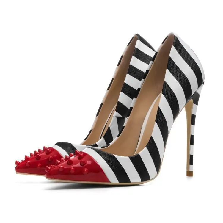 Black White Stripes Pointed Toe Slip On Zebra High Heel Woman Pumps Shoes 2020
