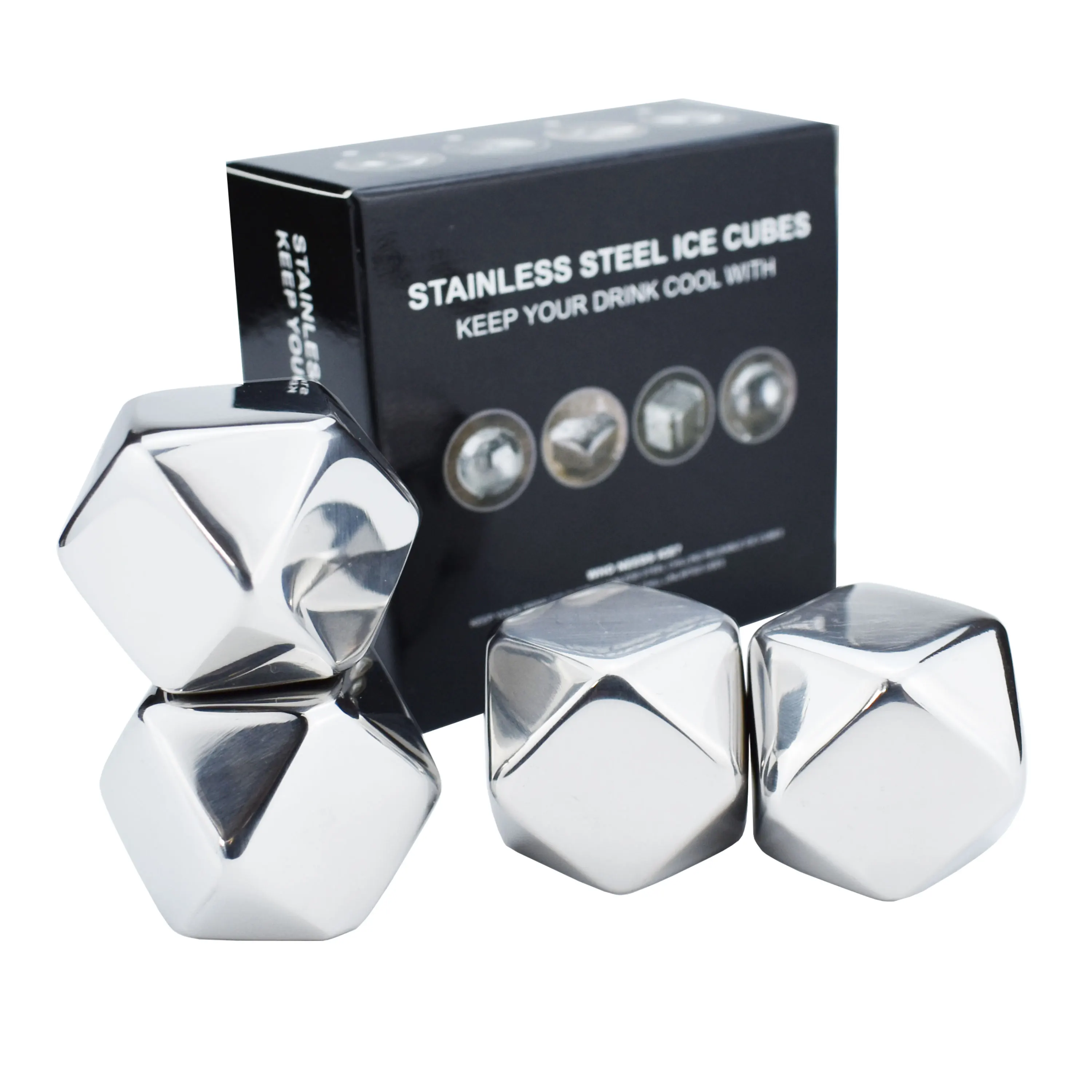 4pcs Polygon shaped reusable stainless steel Ice cubes whiskey stones gift set for wine chilling