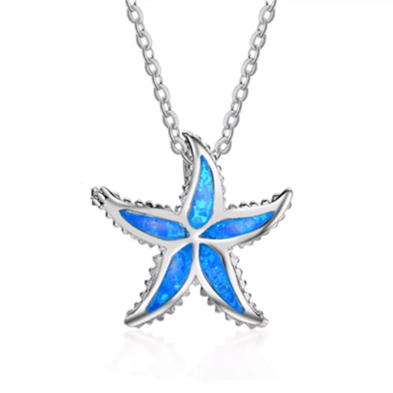 2024 Trendy Summer Beach Ocean Opal Women Necklace Coconut Tree Dolphin Turtle Starfish Blue Opal Star Necklace