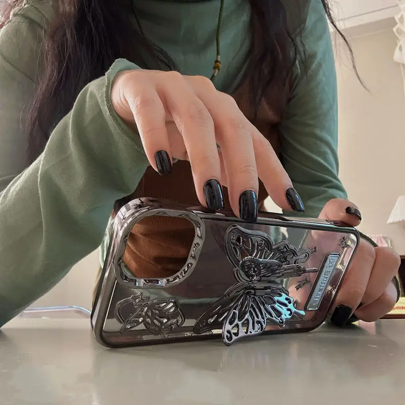 INS Electroplate butterfly Stand phone case For iPhone 15 Pro max 14pro 13 12 cover butterfly bracket case