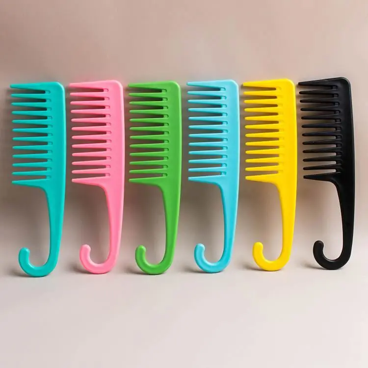 Manufacturer Salon Plastic Anti-Static Shampoo Hair Comb Custom Logo Wide Teeth Shower Detangling Barber Lice Comb with Hook