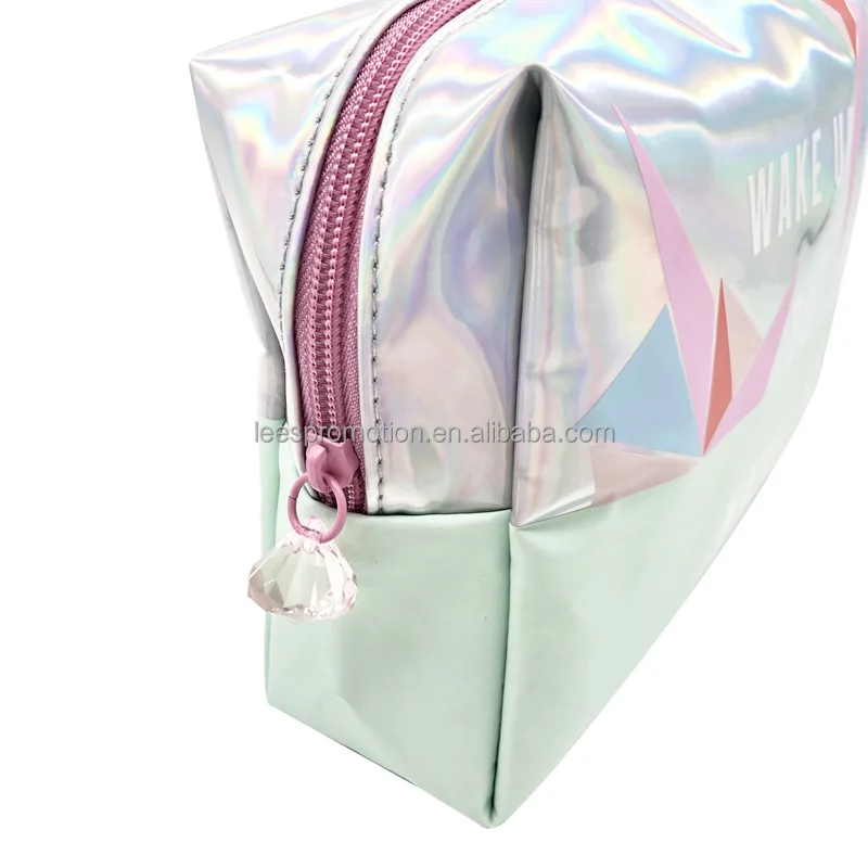Custom Holographic Shiny Leather Zipper Cosmetic Bag PU Makeup Bag Toiletry Bag for Women