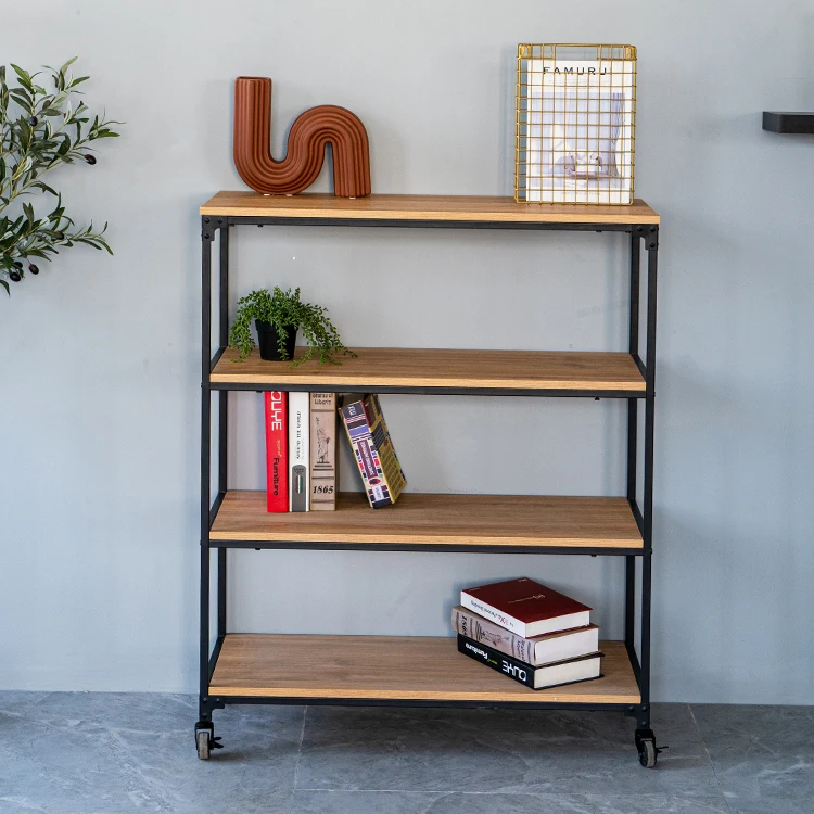 Storage 4-Tier Factory Buff Wooden Bookcase Book Shelves Bookshelf With Wheel