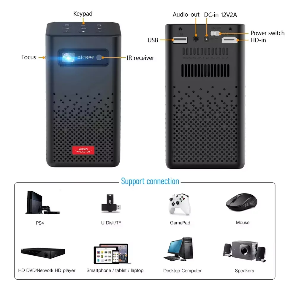 4K 3D Android Smart WIFI Pico Mini Pocket Portable LED DLP Projector Home Theater for Smartphone Tablet PC