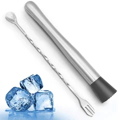 Hiware 10 Inch Stainless Steel Cocktail Muddler and Mixing Spoon Home Bar Tool Set - Create Delicious Mojitos and Other Fruit Ba