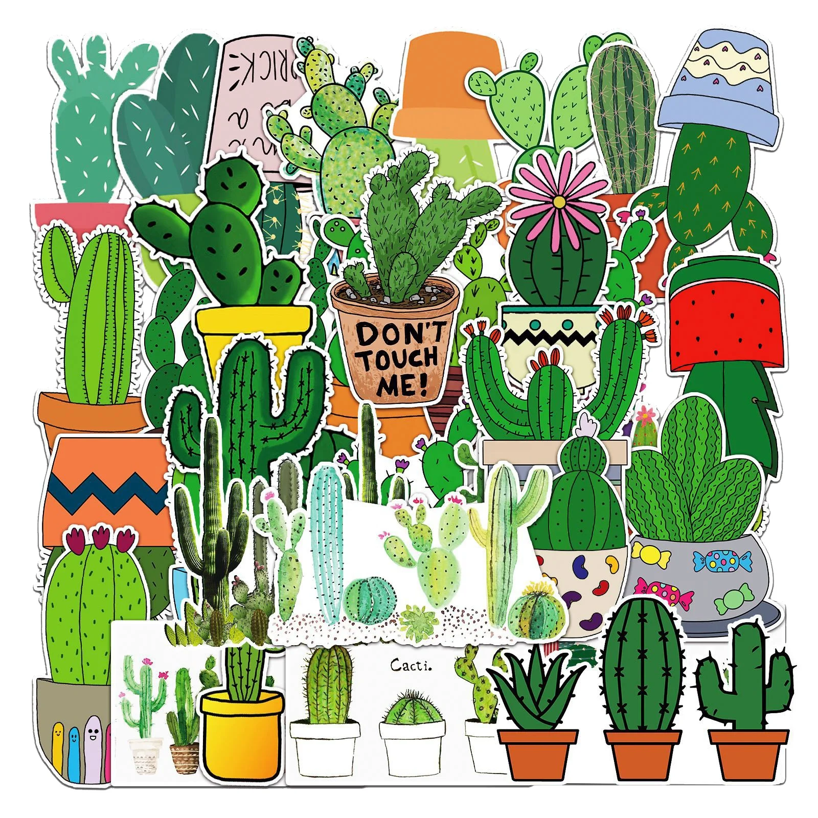50Pcs Cactus Pot Plant flower Cute Green Fresh Girl Boy Student Diy Decor Notebook  Vinyl Graffiti Stickers