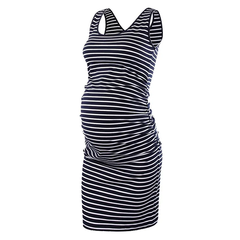 Pregnancy White And Black Stripe Midi Dress Fashion Stripes Print Maternity Dress Casual Maternity Stripe Dress