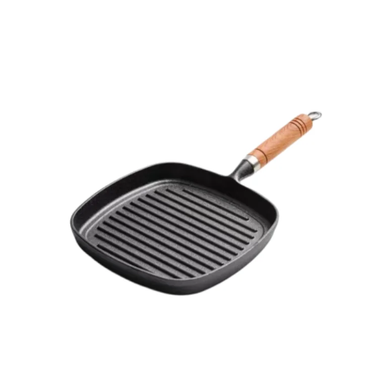 Pre-seasoned Nonstick Cast Iron Square Frying Griddle Grill Pan Steak Skillet Cookware With Wooden Handle