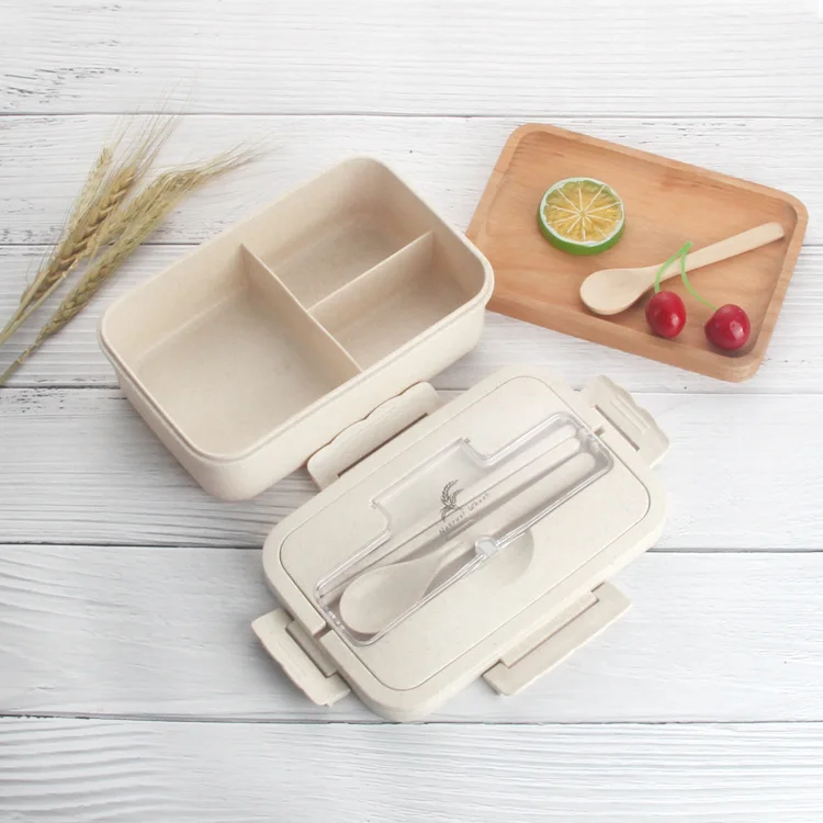 GEMEI Eco-Friendly Portable Bento Box Dishwasher Safe Plastic Wheat Straw Lunch Box with free fork spoon cutlery