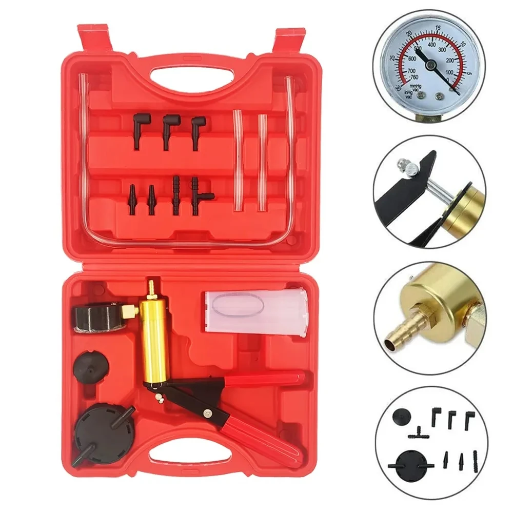 Manual Handheld Vacuum Pump Hose adaptor and Gauges Tester Set Brake Bleeder Kit for Automotive with Adapters Case
