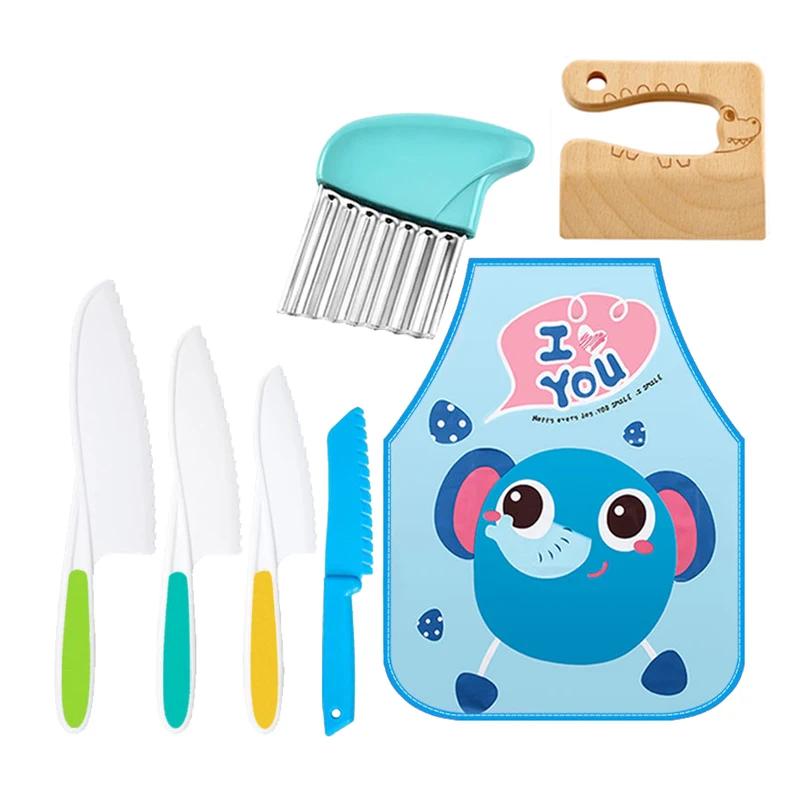 7 Pieces Wooden Kids Kitchen Plastic Knife Set Children Safe with Serrated Edges Plastic Toddler Knife