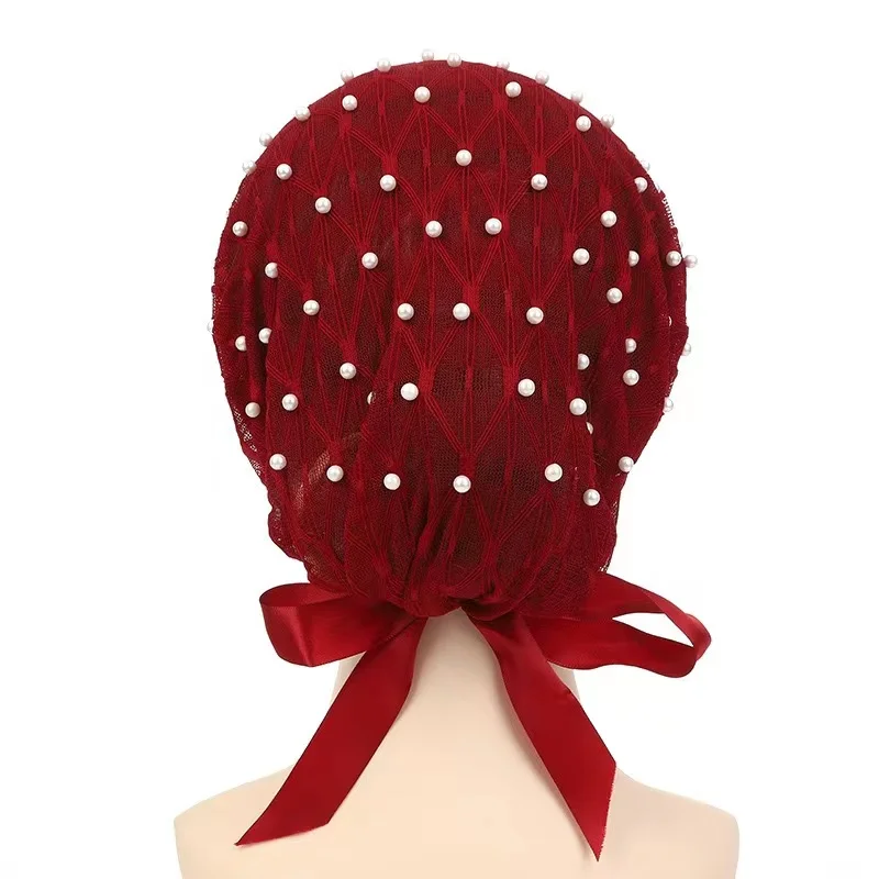 Yiwu Muqian Trading Firm Full head hat with lace bow internet celebrity hot style Beaded headscarf and hat for Muslim women
