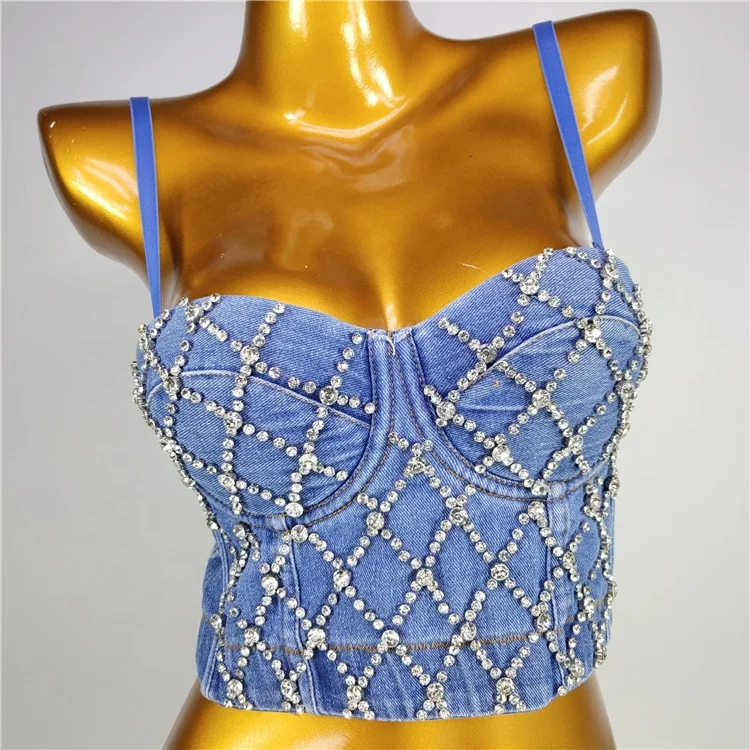 High Quality Stock Diamond Women Denim Overall Cropped Crop Tank Top sexy