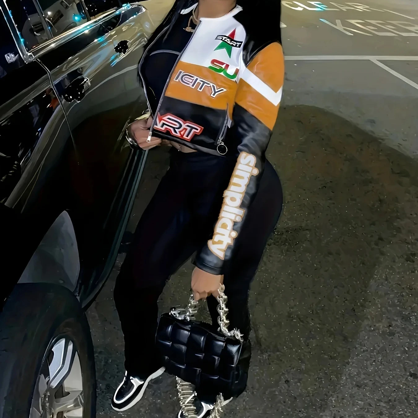 J&H Fashion Motorcycle Jacket Autumn Cool Coat Color Collision Patchwork Women Streetwear Cropped Motor Jackets