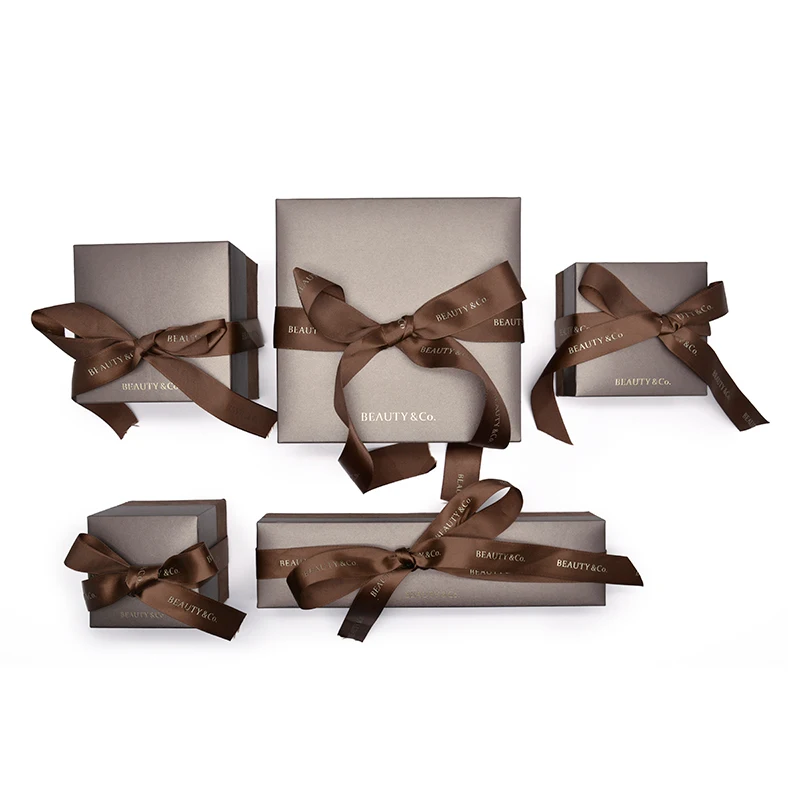High-End Microfiber Pendant Bangle Ring Packaging Gift Jewelry Set Box With Polyester Ribbon Bow