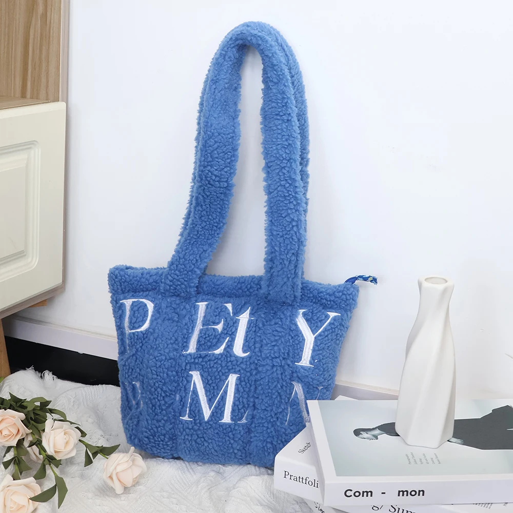 Custom Size Embroidery Logo Women Casual Navy Blue Boucle Teddy Fabric Zipper Underarm Shoulder Bag