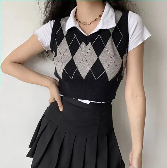 
College style girl student knit v-neck sleeveless sweater vest custom argyle jacquard print pattern women jumper tops 