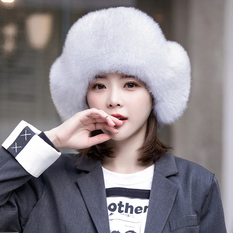Trendy Thicken Warm Russian Style Real Fox Fur Hat  Winter Unisex Ushanka Trapper Bomber Hats With Fur Plush Earflap