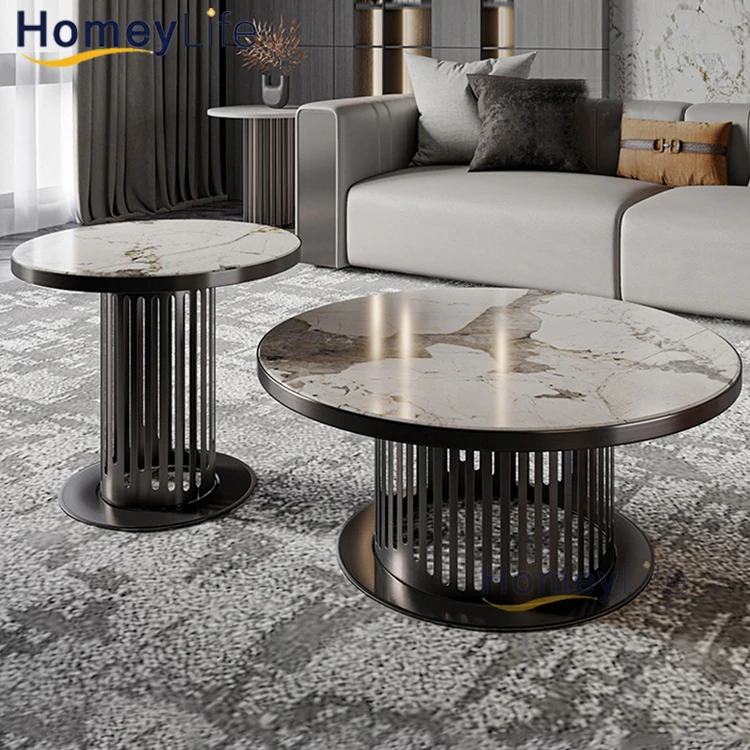 Modern Living Room White Round Marble Coffee Table Set Gold Metal Luxury Center Table For The Living Room