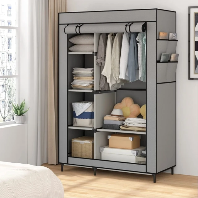 Canvas Wardrobe Portable Wardrobe Clothes Storage Home Furniture with 6 Shelves and Hanging Rail,grey Bedroom Metal Modern