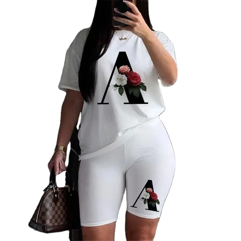 New round neck suit white print Women Clothing commuter cotton short-sleeved jumpsuit loose temperament bottoming