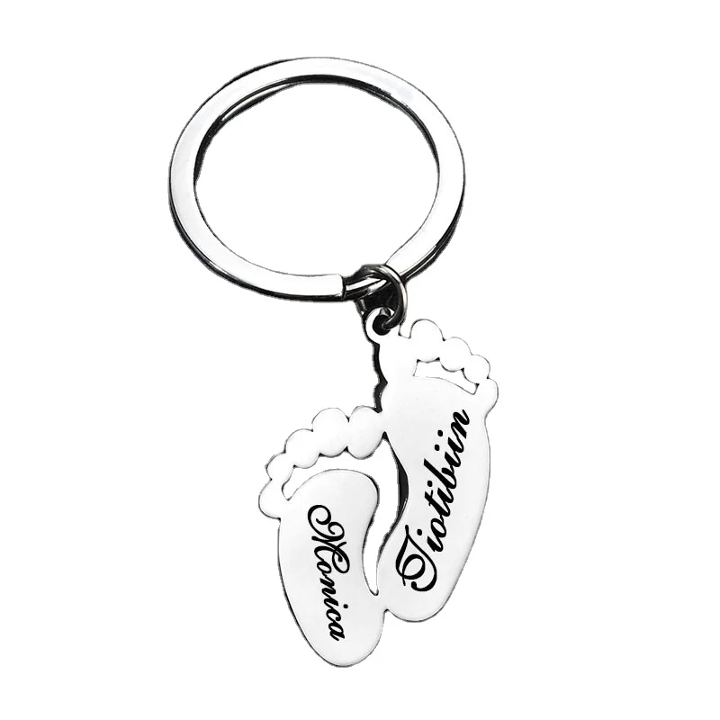 Personalized Custom Baby Birthday Foot Keychain DIY Engraved Name Date Foot Footprint Keyrings for Mom Gift Stainless Steel