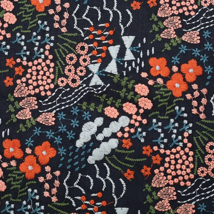 Width 125 cm Colorful Handmade Embroidery Plant Flowers Fabric Cotton Linen Fabric For Cheongsam Dress Bag