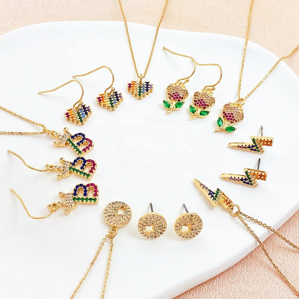 Jewel manufacturer wholesale women crystal cherry letter heart 18K gold plated necklace and earrings jewelry set