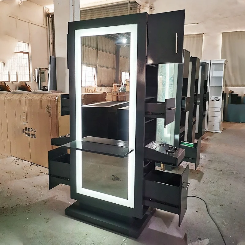 Unique design salon station cabinet black wooden hair salon mirror led designs for wholesales