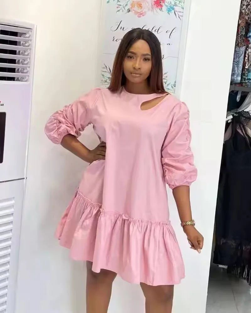 summer Fall 2022 women clothes ruffled pleated zipper solid color shirt T-shirt dress long-sleeved splicing casual dresses