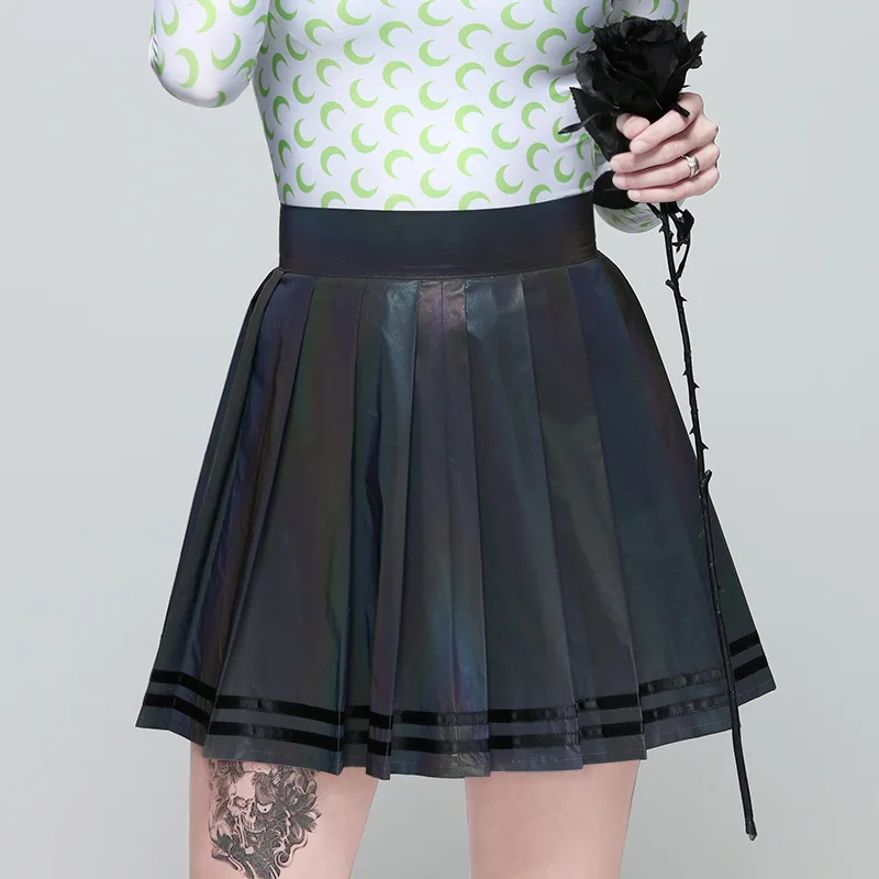 Free shipping  Stylish women reflective pleated skirt  polyester sexy fashion micro A line young girls hot mini skirt