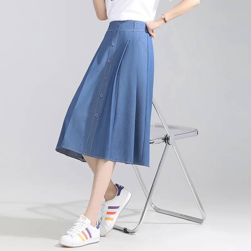 Simple loose high waist A-line single-breasted skirt women 2024 summer new denim skirt