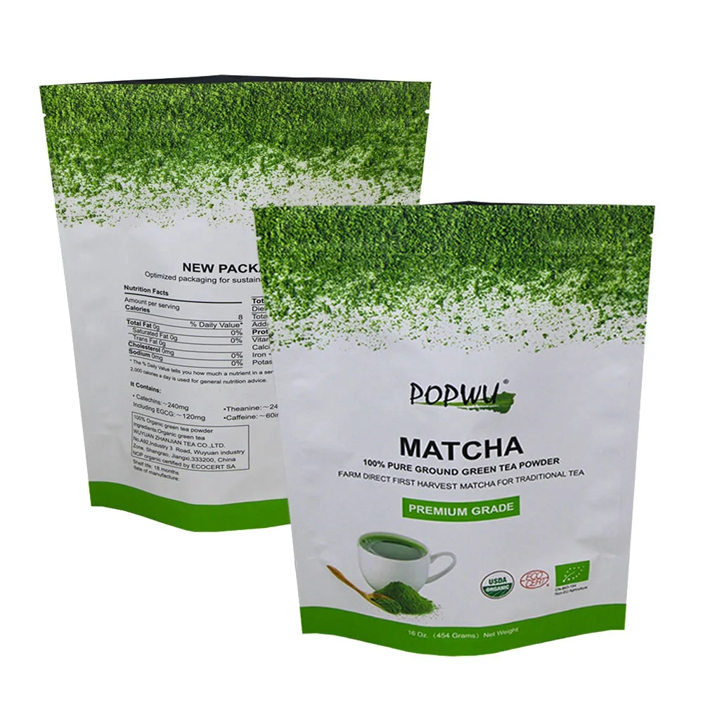 digital custom reclosable stand up plastic aluminum foil matcha green tea bag moringa leaf powder packing bag with zipper