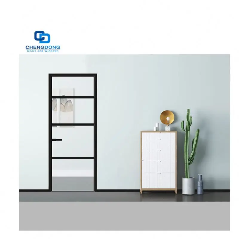 Crittall Modern Black Metal Narrow Frame Interior Stained Glass Aluminum Hinged Swing French Single Door For Office