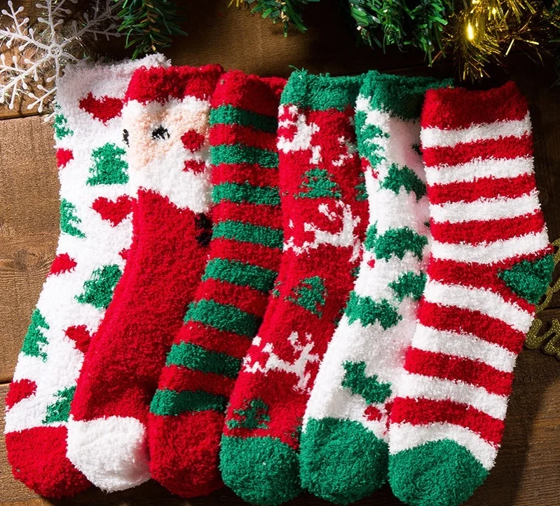 New Anti Slip Indoor Cozy Soft Custom Warm Fluffy Fuzzy  Christmas Style Winter  Soft Warm Comfortable Microfiber Socks