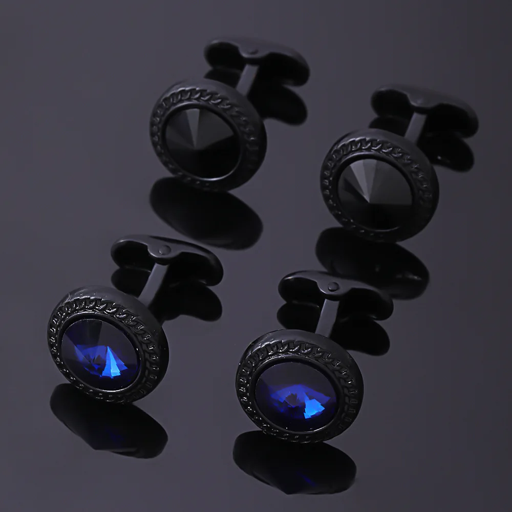 New Black Simple Round Crystal Titanium Cufflinks for Men Business Shirts Accessory for Anniversary or Gift