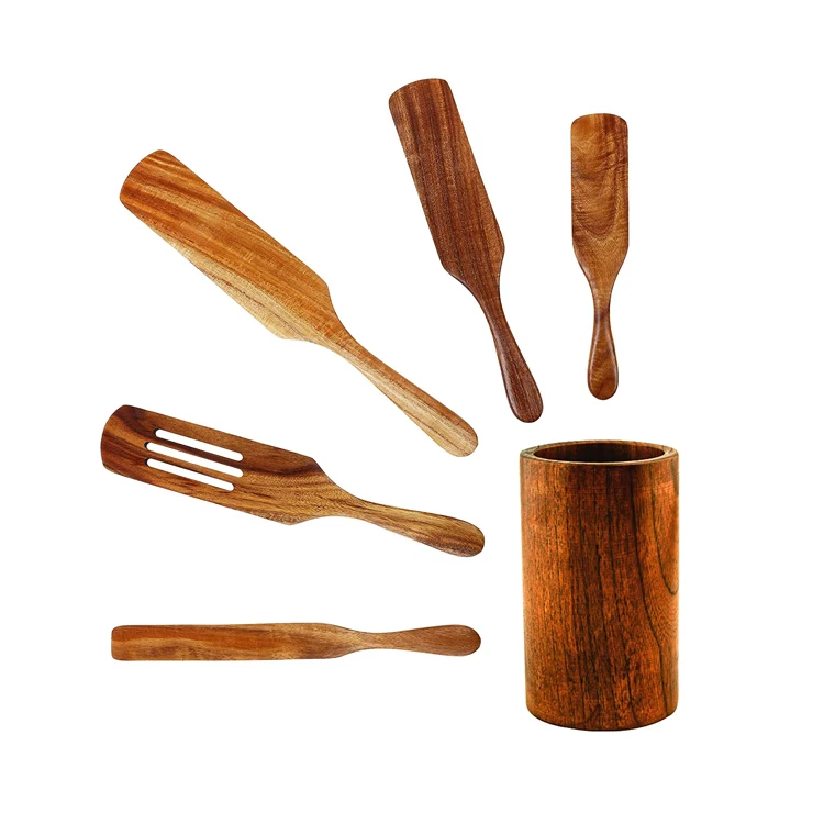 Wooden Spurtle Kitchen Set  with Holder Heat Resistant Non Stick Wood Cookware