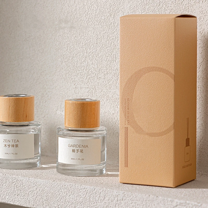 AROMA HOME Essential Oil 50ml Wooden Stick Stopper Lid Round Reed Diffuser With Glass Bottle Gift Box