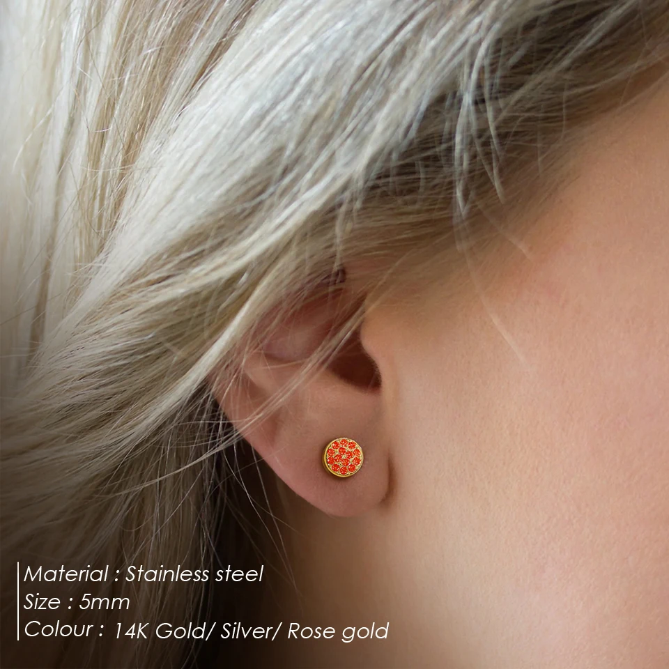 INS Stainless Steel 14K Gold PVD Plated 5MM CZ Stone Birthstone Disc Earrings Titanium Steel 12Months Zircon Plate Stud Earring