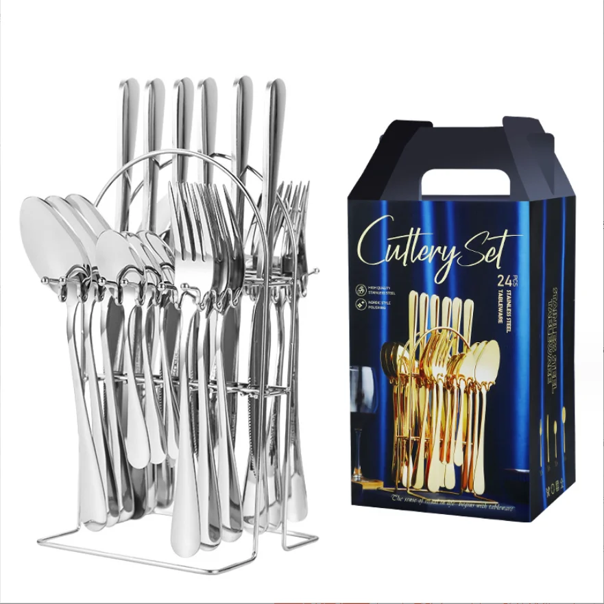 24pcs Set Stainless Steel Ceramic Handle Gold Flatware with Shelves Hanging Use in Kitchen or Dining Table Storage Cutlery