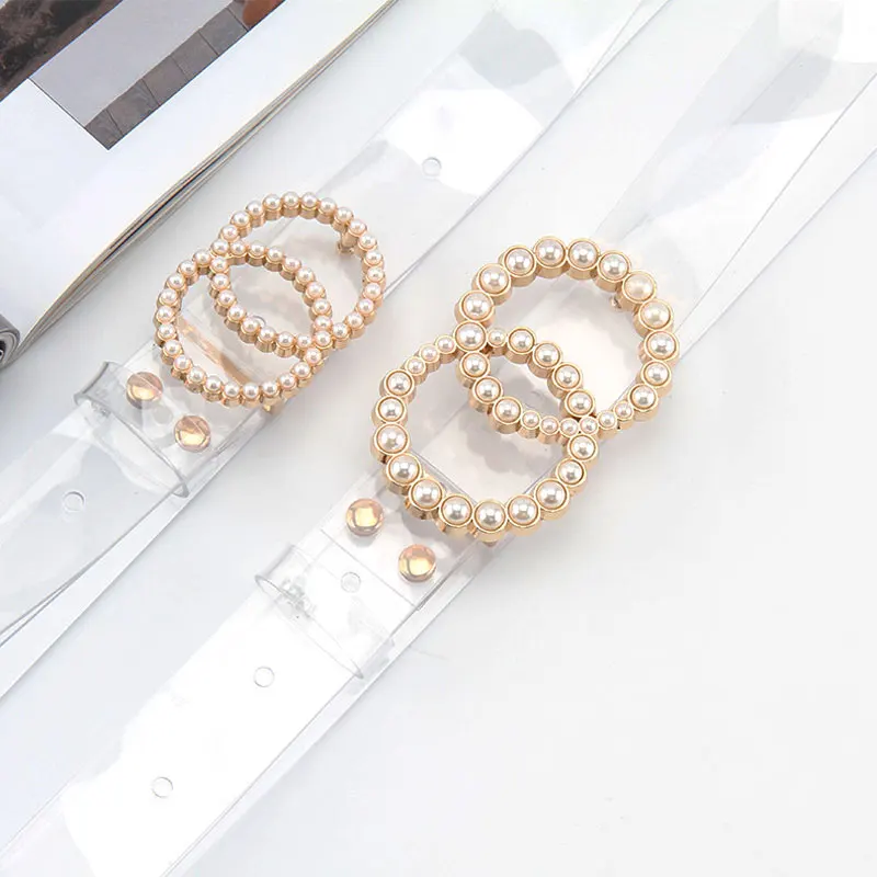 Custom Pearl Rhinestone Pin Buckle Waist Belt Resin Plastic PVC Clear Transparent Belts for Women