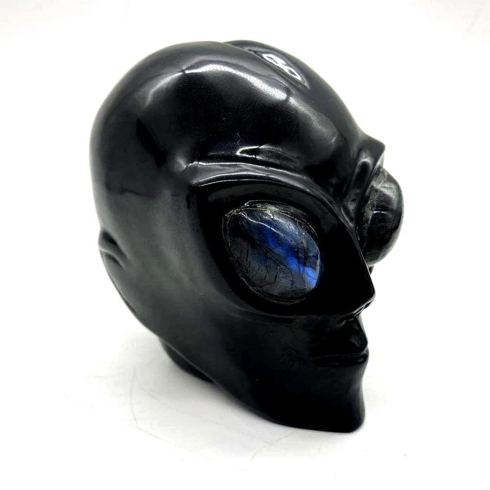 Wholesale black obsidian alien skull folk crafts art sculpture healing crystal carved natural crystal alien head for decoration