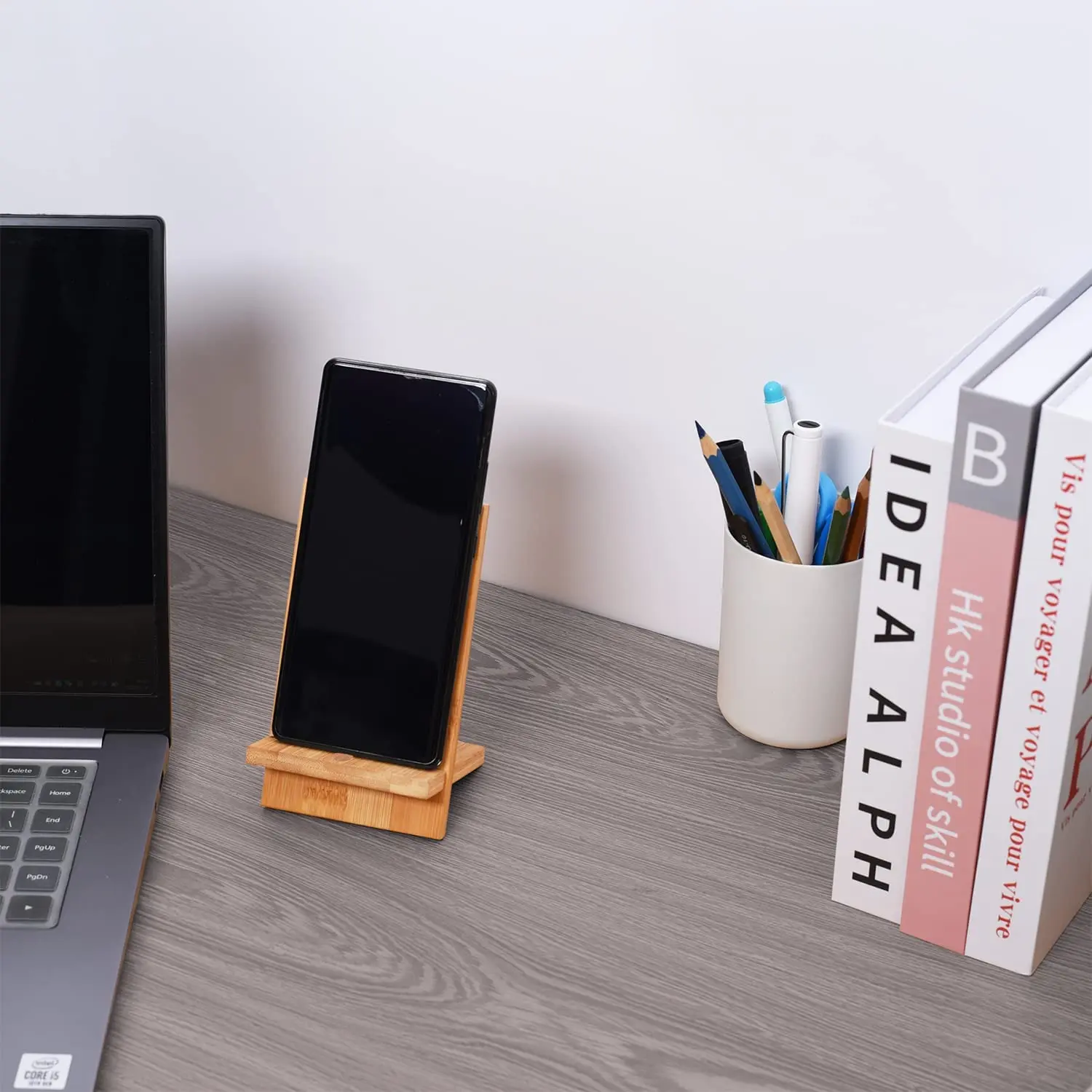 Cell Phone Stand for Desk with Charging Hole, Removable Wooden Phone Holder Tablet Stand Wood Desktop Dock Cradle