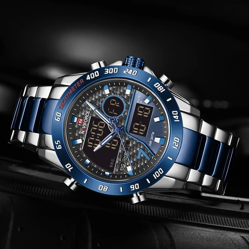 NAVIFORCE NF9171  OEM mens quartz watch latest Stainless steel Strap Luminous double display low moq sports watch set