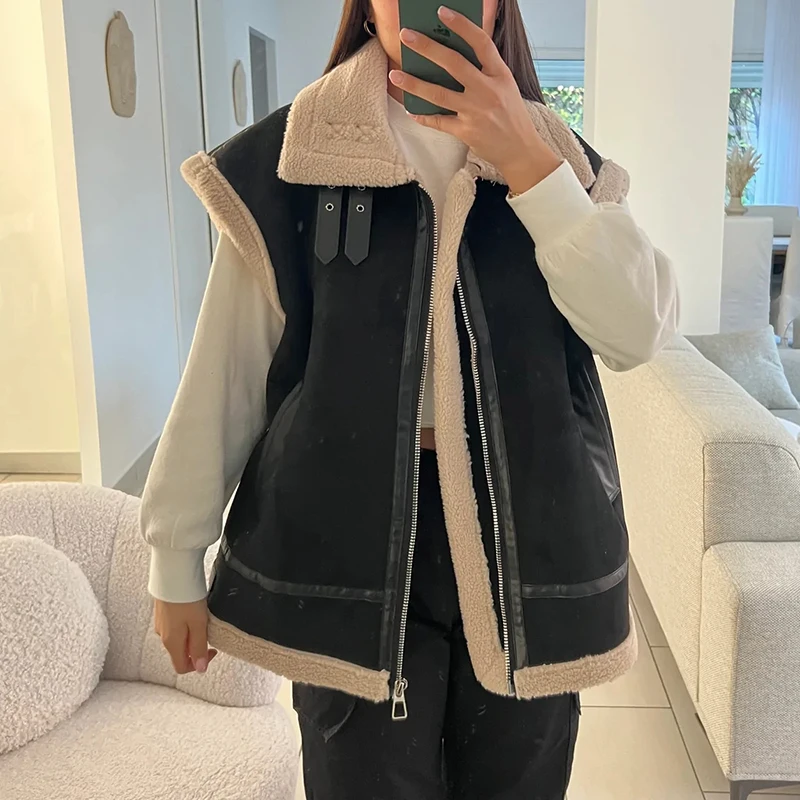 Moto Biker Lamb Wool Vests Women Fashion Suede Waistcoats Women Elegant Thick Warm Sleeveless Jackets Female Ladies